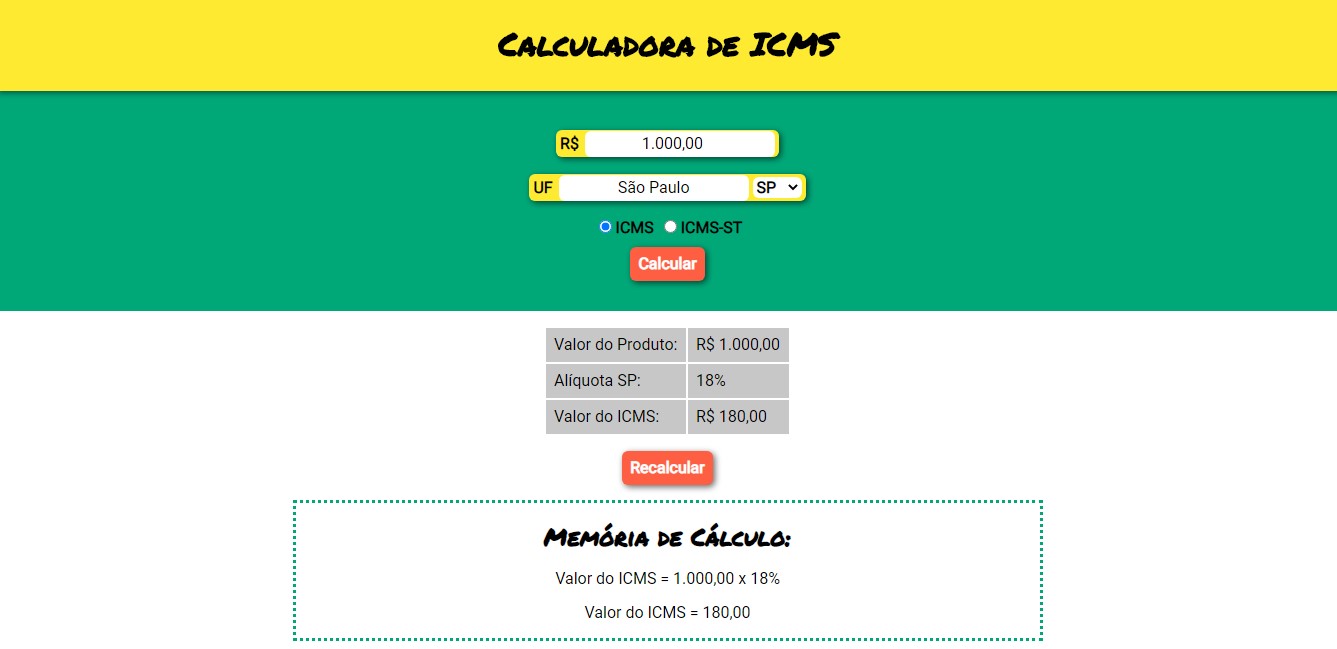 website created to easily and quickly calculate the ICMS tax